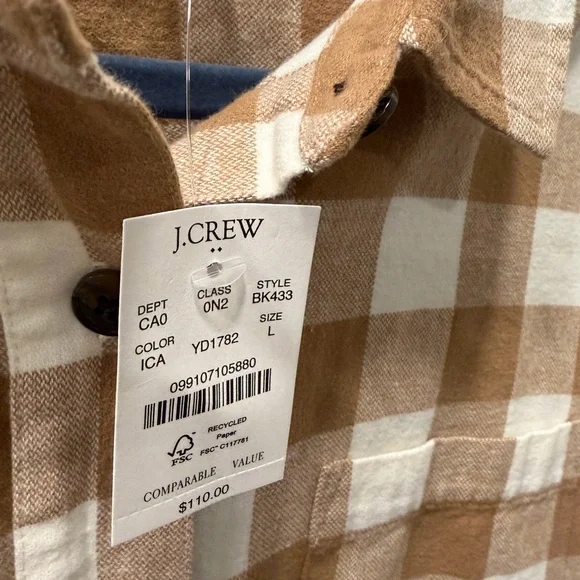 J. Crew NWT Women’s Tan and White Plaid Shirt - Large - Picture 3 of 5